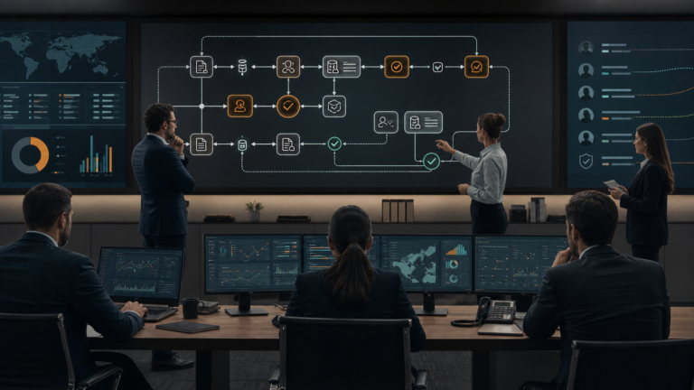 Visual editorial de governança de agentes de IA com fluxos, permissões, auditoria e revisão humana em uma operação corporativa.