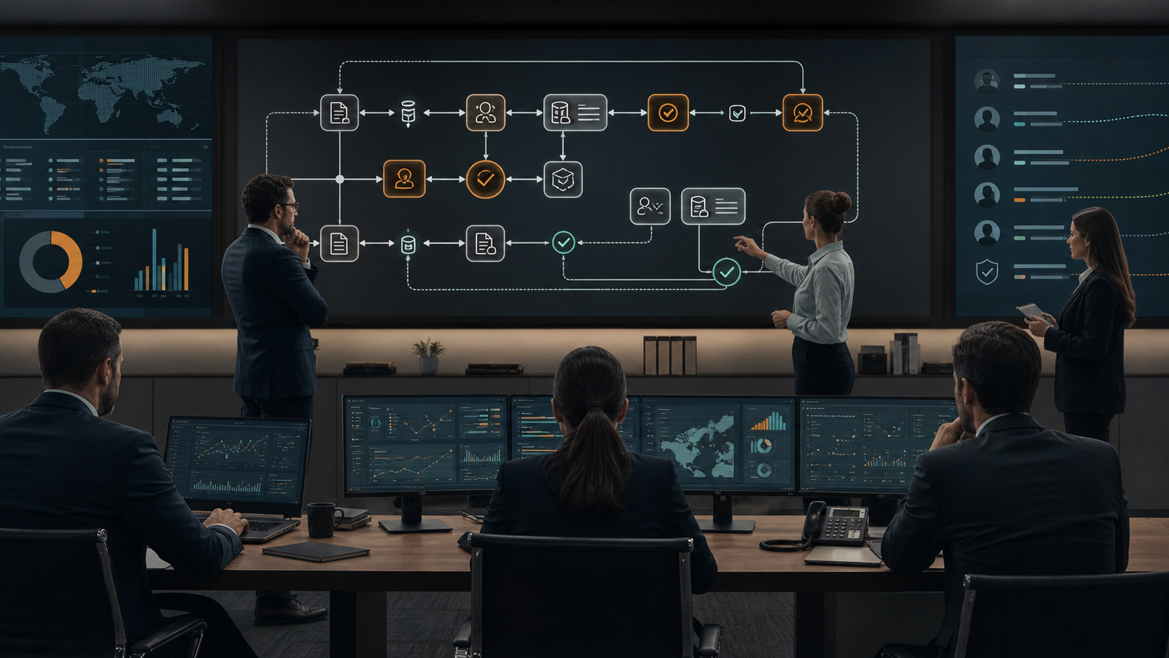 Visual editorial de governança de agentes de IA com fluxos, permissões, auditoria e revisão humana em uma operação corporativa.