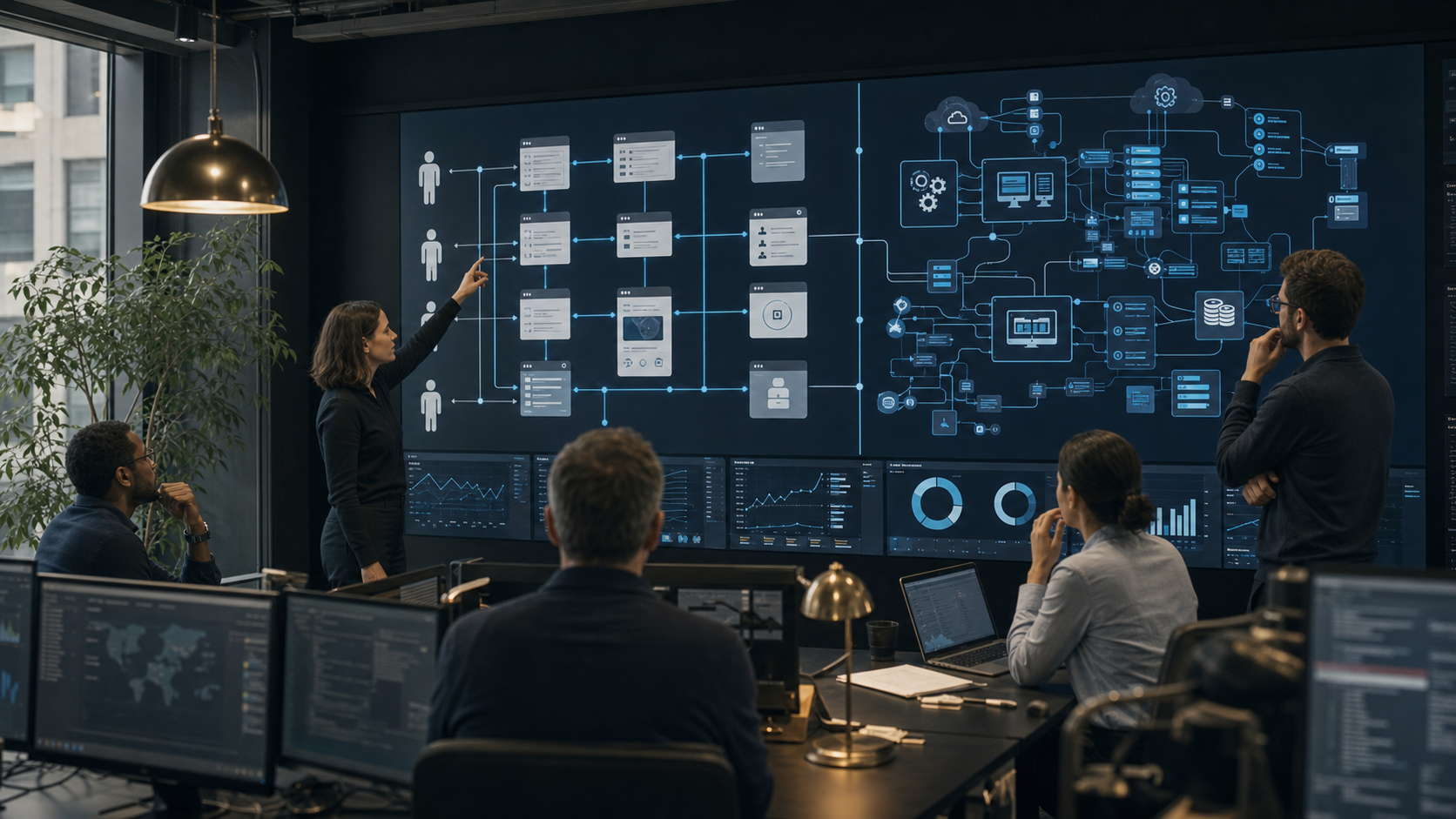 Lideranças de produto e tecnologia analisando um mapa de infraestrutura com camadas para usuários humanos e agentes de IA.