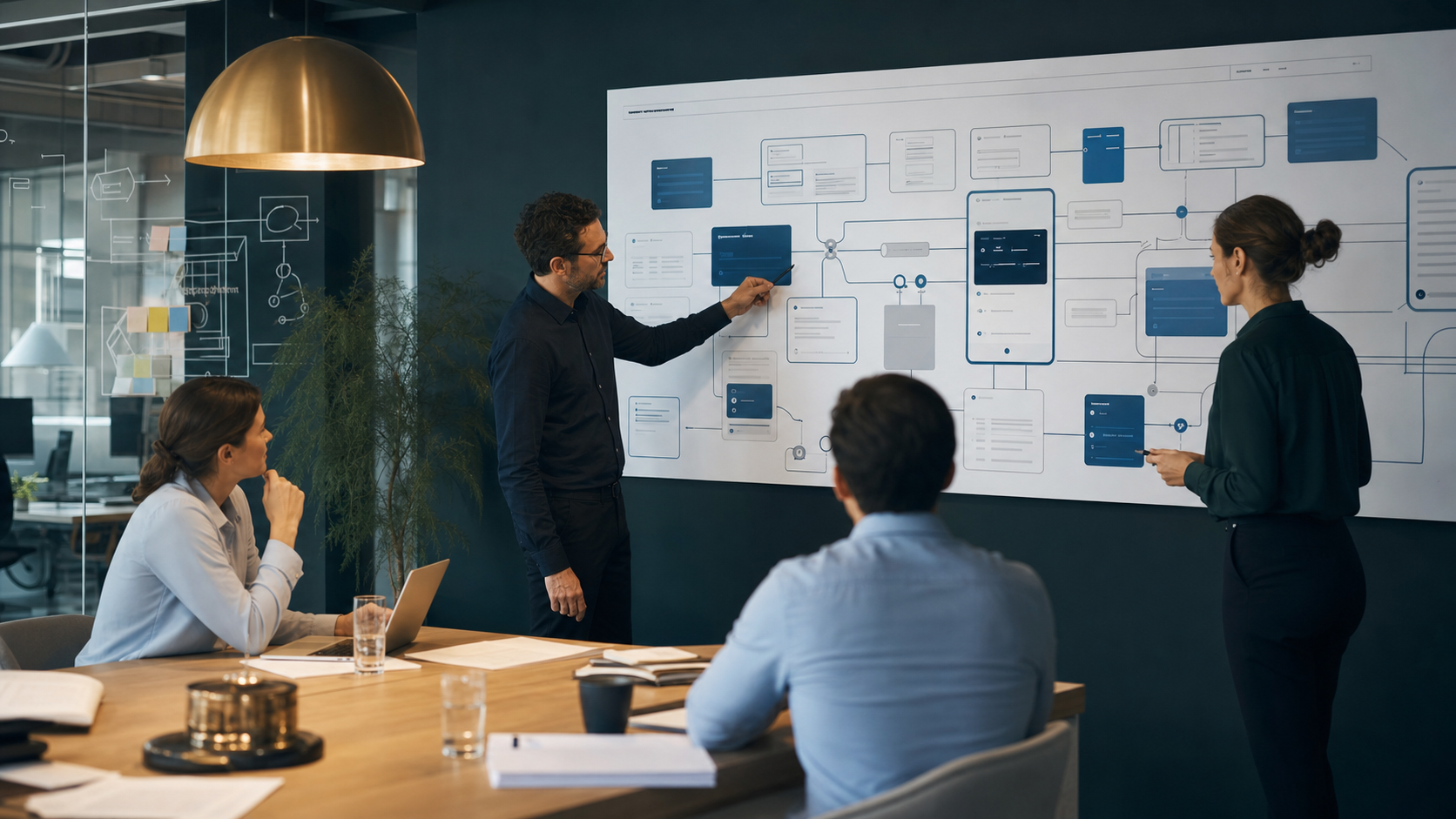 Time de produto e operações analisando um mapa modular de workflows e agentes em uma sala de estratégia.