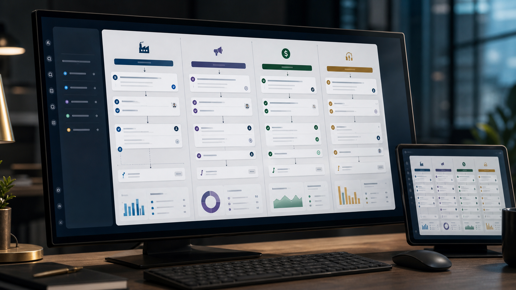 Interface de produto SaaS mostrando workflows verticais de IA com checkpoints, handoffs e métricas de resultado.