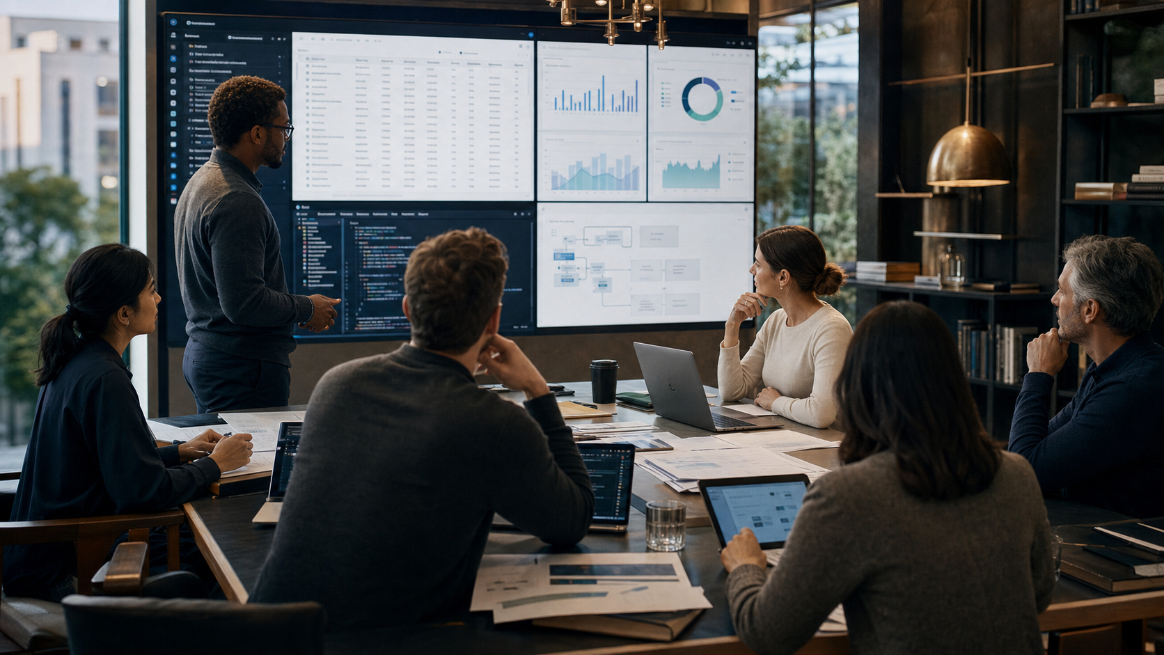 Equipe multidisciplinar analisando dashboards, documentos e fluxos de trabalho assistidos por agentes de código.