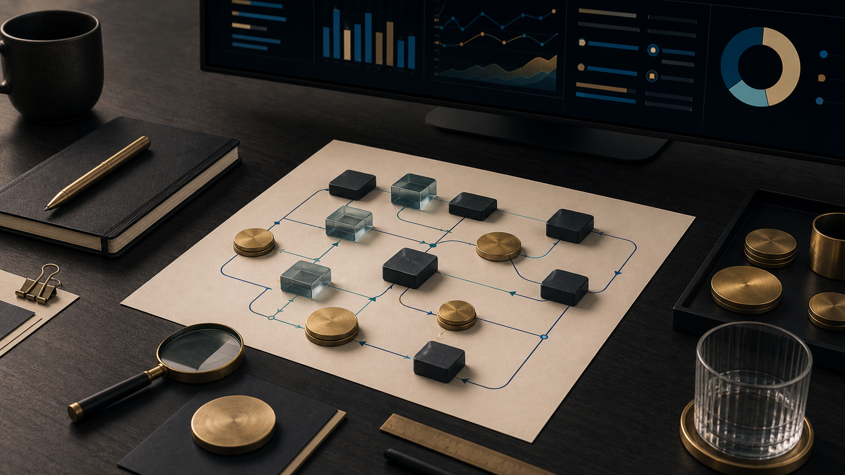 Modelo operacional sobre uma mesa executiva conectando workflows de IA, controles de custo e indicadores de resultado.