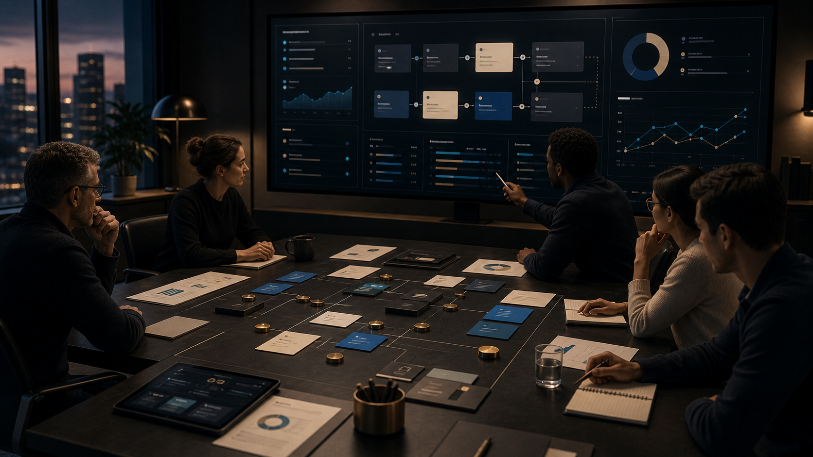 Time de produto em sala executiva analisando um fluxo de trabalho com IA integrada a tarefas, contexto e decisões.