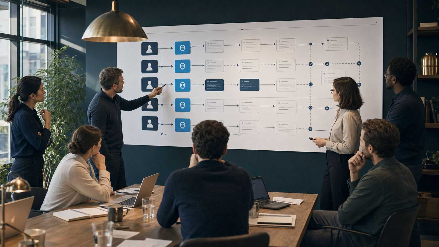 Time de produto e operações analisando uma jornada com papéis humanos e agentes de IA no workflow.