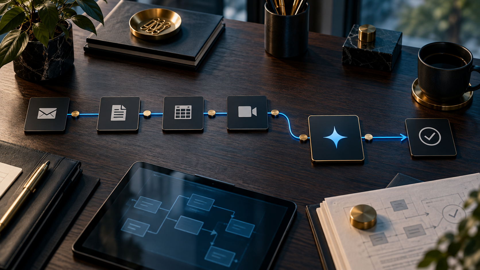 Fluxo editorial de produtividade corporativa conectando e-mail, documentos, planilhas, reuniões e decisões com IA integrada.